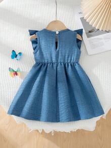 1pc Baby Girls' Summer New Round Neck Ruffle Front White Bow Decor Simple Versatile  Design Casual Cute Dress - Blue - View 2