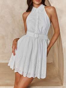 Enchnt Sleeveless Cinched Waist Waist Bodycon Mini Dress For Women - White - View 5