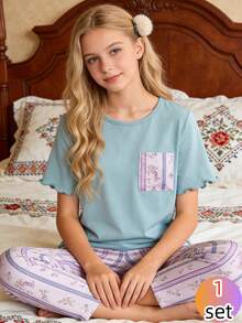 Girls Ditsy Floral Knit Casual Pajama Set With Short Sleeve Top And Long Pants, Fresh Home Wear For Spring/Summer - Multicolor - View 9