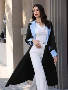 Yasmyna Women's Spring/Summer Black Twill & Blue Striped Faux Pocket Elegant Arabic Abaya Robe - Black - View 1