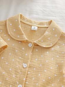 2pcs/Set Young Girl' Polka Dot Print Cute Peter Pan Collar Short Sleeve Cardigan And Casual Pants Homewear Set Yellow Pajama Set Kids Collar Neck Unisex Long Pajama Sets Cotton Summer Sleep Wear Sets Pajamas Set Two Piece - Yellow - View 9