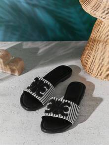 SHUZIA Women's Elegant Embroidery Upper Slip-On Flat Sandals - Black - View 7