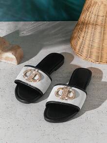 SHUZIA Women's Elegant Metal Ornament Slip-On Flat Sandals - Black - View 5