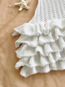 Soleia Women's Sexy Backless Halter Neck Ruffle Hem Mini Knit Dress, Summer - White - View 6