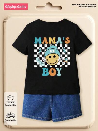 SHEIN Playful Pals 男宝宝夏季休闲可爱格纹“MAMA'S BOY”字母印花圆领短袖T恤
