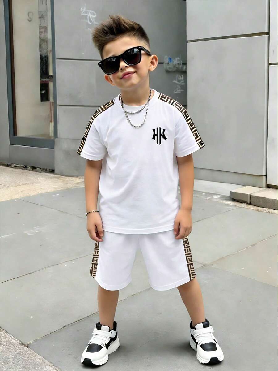2件組小男孩休閒創意圖案印花短袖T恤與短褲套裝，舒適日常穿著，適穿春夏秋 - 彩色 - 查看 1