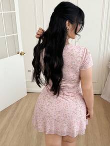 CovetEZ V-Neck Lace Patchwork Black Casual Dress, Spring/Summer - Pink - View 2