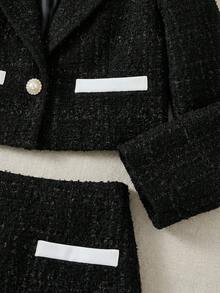 SHEIN Serisse Kids 少女圆领蝴蝶结装饰单排扣短袖衬衫和迷你裙，法式优雅休闲套装 - 黑色 - 查看 6