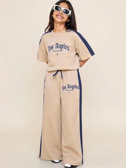 Tween Girl Loose Casual Minimalist Comfortable Crew Neck Pullover Colorblock T-Shirt And Pants Set Tween Girl