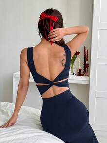 SHEIN EZwear 女士纯色露背扭结镂空收腰优雅长款派对连衣裙 - 藏蓝色 - 查看 1