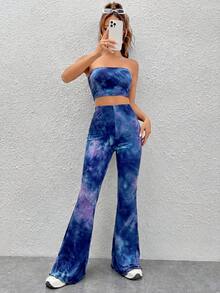 SHEIN EZwear 女士扎染抹胸上衣和喇叭裤两件套，春夏款 - 寶藍色 - 查看 5