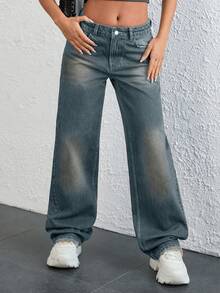 EURMUSE 低腰复古水洗直筒牛仔裤 - 霧霾藍 - 查看 5