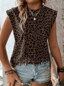EMERY ROSE Women's Leopard Print Pattern Round Neck Cap Sleeve Casual Versatile T-Shirt, Spring/Summer - Multicolor - View 3