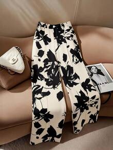 SHEIN Franclia 女士优雅通勤休闲印花直筒裤，春夏款 - 杏色 - 查看 2