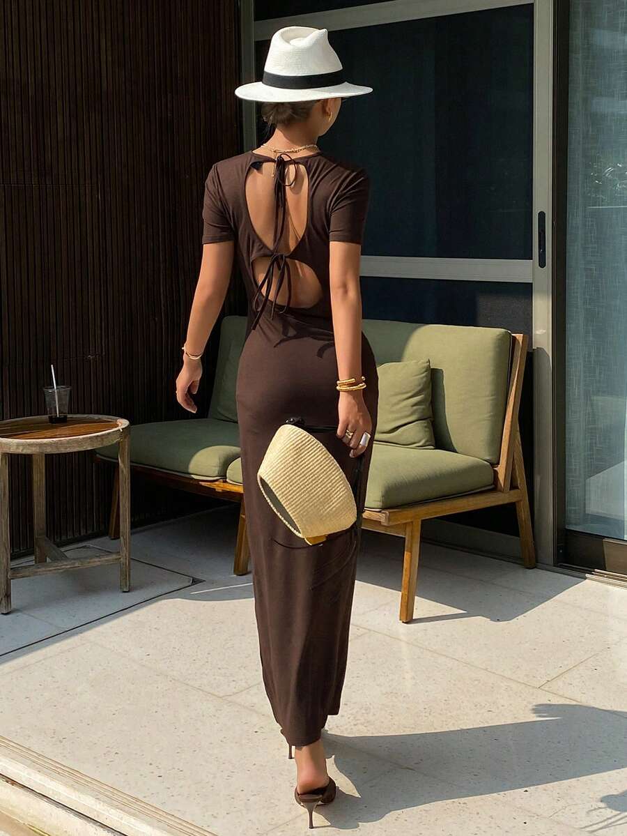 Livesso 女士露背系带修身嘉年华连衣裙 - 深棕色 - 查看 1