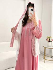 Yasmyna Elegant Geometric Embroidered Pink Abaya With Headscarf