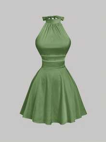 MOD Vestido mini con espalda descubierta, retorcido y fruncido en unicolor para mujer, vestidos de otoño para mujer, vestido, vestido, Acción de Gracias, vestidos elegantes para fiesta - Verde - Ver 2