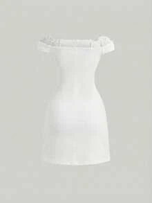 SHEIN MOD 女士露肩纯红色连衣裙，饰有3D花朵 - 白色 - 查看 2