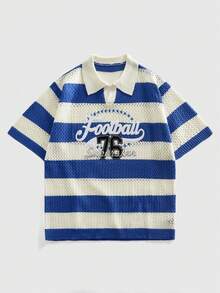 ROMWE MEN Áo len nam cổ bẻ thêu họa tiết sọc - Màu xanh lam - Xem 1