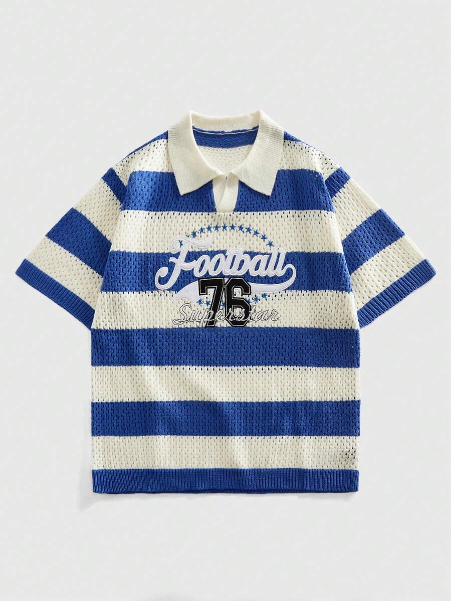 ROMWE MEN Áo len nam cổ bẻ thêu họa tiết sọc - Màu xanh lam - Xem 1