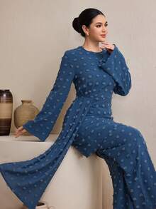 Graceveil 女士不对称下摆上衣和裤子套装，提花阿拉伯风格服装 - 霧霾藍 - 查看 8