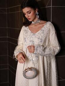 Al Najma Mesh Jacquard Patchwork Elegant Loose Long Sleeve Women Dress