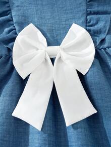 1pc Baby Girls' Summer New Round Neck Ruffle Front White Bow Decor Simple Versatile  Design Casual Cute Dress - Blue - View 5