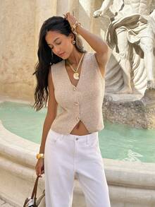 Serisse Avslappnad mångsidig enfärgad stickad väst - Aprikos - Visa 3