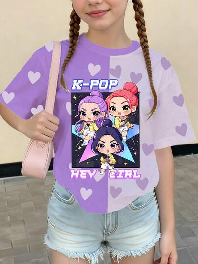 1 pieza Blusa azul con estampado de corazones rosas en todo el diseño, estilo chica Kpop, corte holgado, adecuada para primavera, verano, otoño e invierno, gran regalo para niñas en el Día de San Valentín