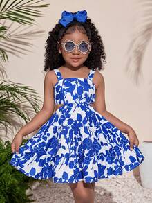 Young Girl Summer New Chiffon Blue Floral Hollow Back Bow Strap Dress, Suitable For Beach, Vacation, Outdoor Trips - Blue - View 4