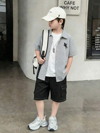 Mirajuku 男童夏季套装，黑白条纹印花短袖衬衫搭配黑色工装短裤，休闲帅气，尽显时尚风采
