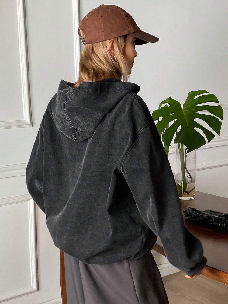 Women's Autumn/Winter Washed Vintage Loose Fit Hooded Zip-Up Sweatshirt Jacket, Casual Street Style