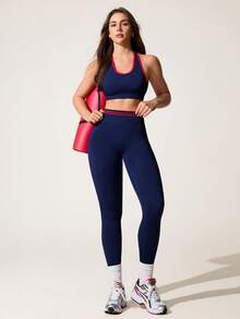 Core Rhythm Bộ đồ thể thao không đường may màu xanh hải quân dành cho nữ, gồm áo tank top ngắn cổ yếm và quần legging. - Màu xanh hải quân - Xem 3