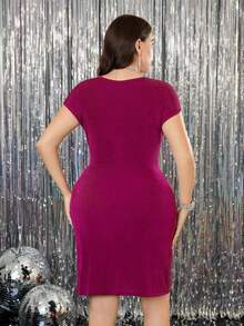 SHEIN Clasi Đầm midi xếp nếp màu trơn thanh lịch cỡ lớn cho nữ - Màu Hồng Tươi - Xem 3