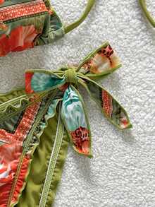 Soleia 复古彩色豹纹、斑马纹、花卉印花荷叶边系带流苏装饰沙滩比基尼套装（女士款） - 彩色 - 查看 5