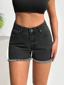 EURMUSE Shorts jeans femininos casuais para férias, uso diário, moda urbana chique e minimalista, cintura alta e barra desfiada, verão. - Lavagem Média - Ver 3