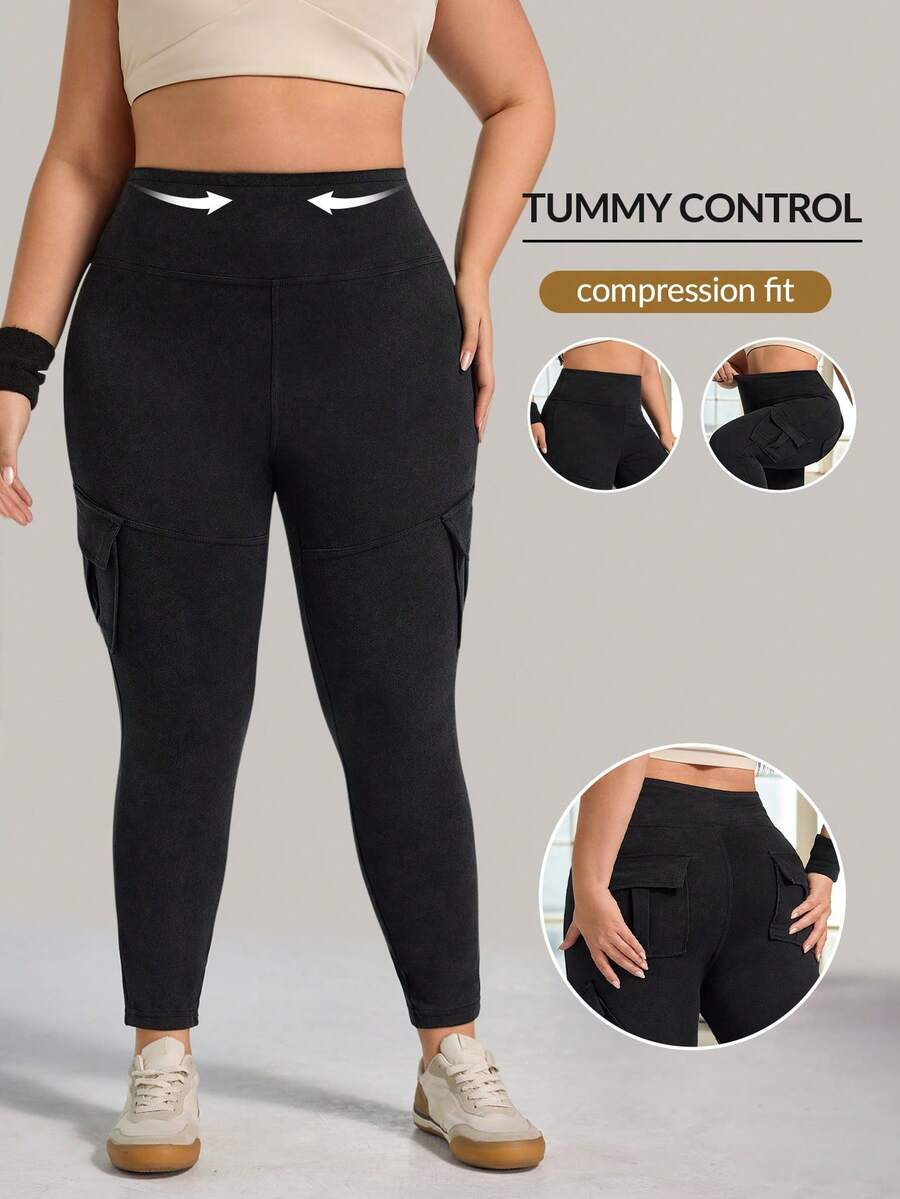 Flexra 大码女式街头休闲运动风带口袋针织牛仔裤 - 深灰色 - 查看 1