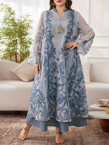 Al Najma 大码女士优雅浪漫宽松花卉刺绣网纱流苏装饰阿拉伯风格连衣裙 - 彩色 - 查看 1