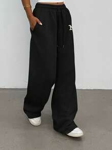 INAWLY 女士白色纽约字母刺绣直筒宽松长款休闲裤，舒适优雅的设计，适合休闲外出和运动；女士黑色休闲运动裤 - 黑色 - 查看 5