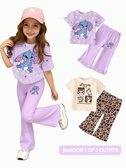 2pcs/Set Girls Casual Creative Cute Cartoon Rabbit, Flower, Heart, Cat, Leopard Print, Bow Decor, Letter Graphic Short T-Shirt And Flare Pants Outfit, Comfortable Daily Wear, Suitable For Spring, Summer, Autumn
