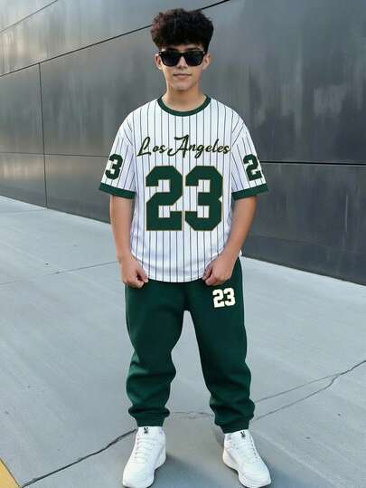 Conjunto informal minimalista de niño preadolescente, moda clásica, estilo Y2K, con letras inglesas, jersey, estilo deportivo, número 23, estilo deportivo, bloque de color, cómodo y sencillo, camiseta de cuello redondo de manga corta y pantalones