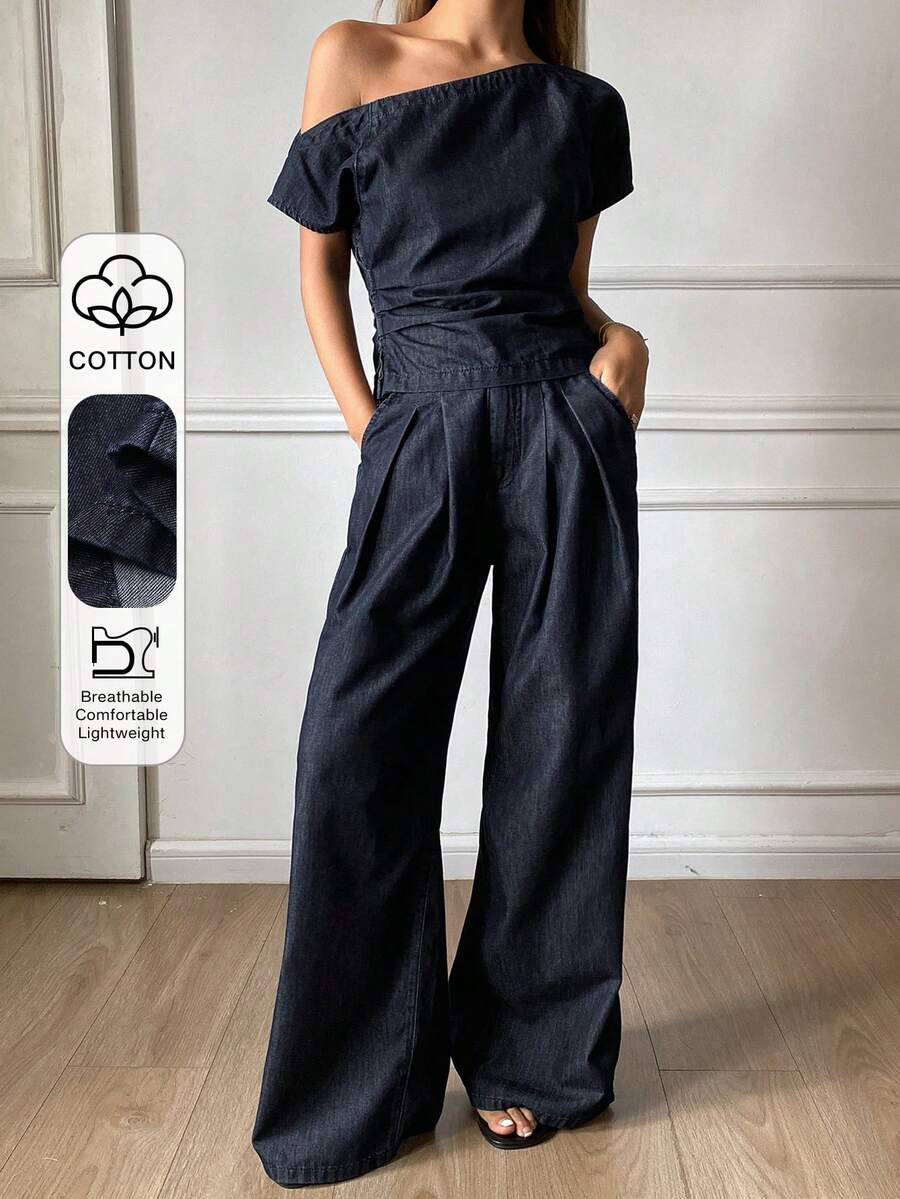 DAZY Women's Asymmetric-Shoulder Denim Top And Straight-Leg Jeans Casual Vacation Denim Set