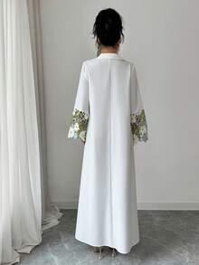 Yasmyna Women's Floral Lace Patchwork Long Sleeve Elegant Arabic Dress - White - View 7