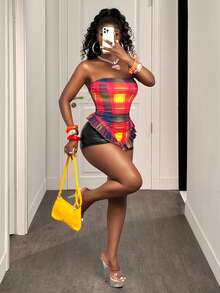 BamGleam Women's Y2K Plaid Ruffle Hem Fitted Tube Top - Multicolor - View 6