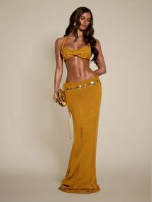 SHEIN BAE طقم تنورة وبلوزة كاجوال مزين بخرز اللؤلؤ الاصطناعي للعطلات - أصفر - مشاهدة 6
