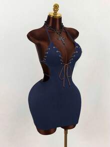 Mistrie Women's Navy Blue Tie-Up Sleeveless Dress - Navy Blue - View 1