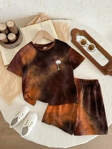 SHEIN 男童扎染短袖T恤和短裤套装 - 綠色 - 查看 7