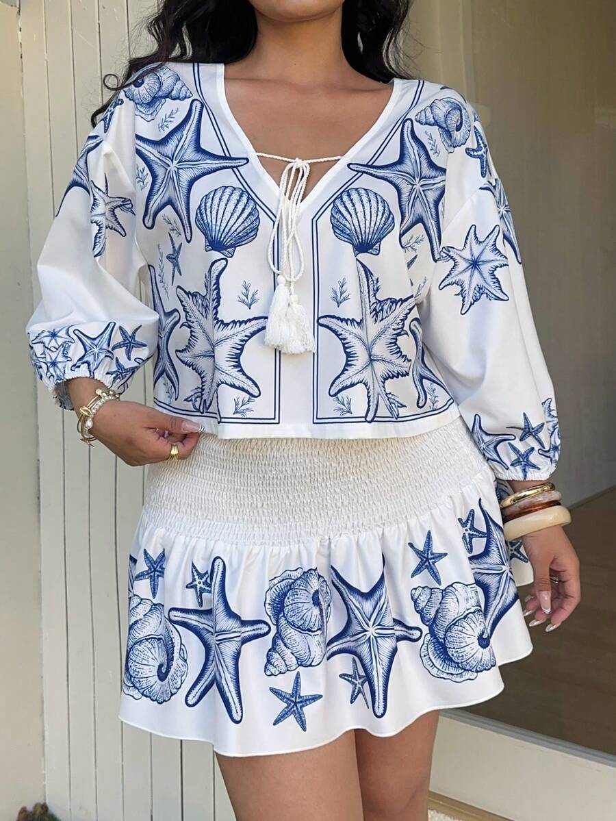 Sunnyshic 春夏秋季新款流苏蝴蝶结优雅度假风印花面料泡泡袖褶皱系带衬衫，搭配收腰A字裙两件套 - 彩色 - 查看 1