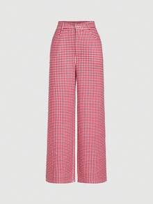 SHEIN MOD Women's Plaid Belted Straight Leg Casual Pants, - Red and White - View 2