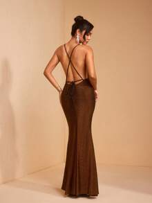 JIAN LASALA Đầm maxi ôm sát cơ thể dành cho nữ, lấp lánh, cổ yếm, buộc dây sau lưng, kiểu dáng thanh lịch, thích hợp cho tiệc tùng. - màu nâu - Xem 3